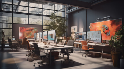 An immersive digital artwork that transports you to a dynamic office setting, where employees work together in a creative environment, a moment that celebrates the synergy of modern workplace culture - obrazy, fototapety, plakaty