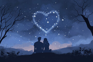 Obraz premium A couple gazing at a heart constellation in the night sky, Valentine’s Day, flat illustration