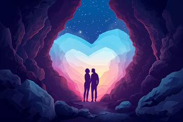A couple’s silhouette inside a heart-shaped cave entrance, Valentine’s Day, flat illustration - obrazy, fototapety, plakaty