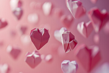 Paper hearts origami floating against a muted pink scene, dynamic and dramatic compositions, Valentine’s Day