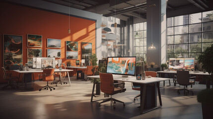 An immersive digital artwork that transports you to a dynamic office setting, where employees work together in a creative environment, a moment that celebrates the synergy of modern workplace culture