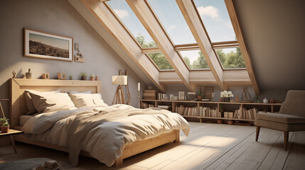 A photo features a Scandinavian-style bedroom on a mansard floor, softly lit by daylight. The window is excluded from the frame, emphasizing the elegant simplicity of the design. - obrazy, fototapety, plakaty