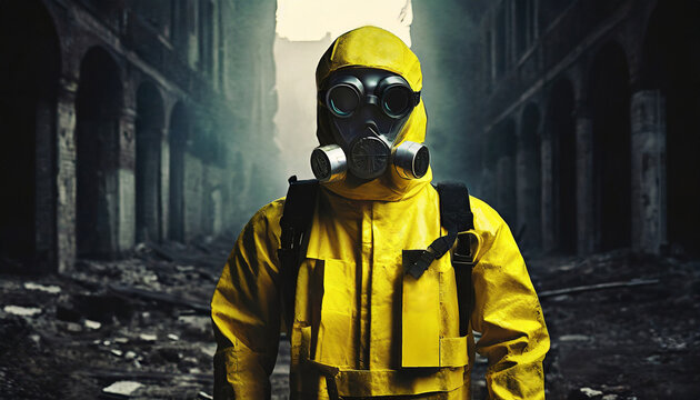 A person in a yellow radiation-resistant suit, navigating an apocalyptic world with a Geiger counter.