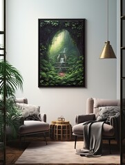 Tranquil Forest Waterfalls: Vintage Cascading Canopy Canvas Painting