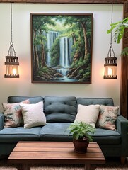 Tranquil Forest Waterfalls: Vintage Painting merges with Forest Frescoes in Farmhouse Flair