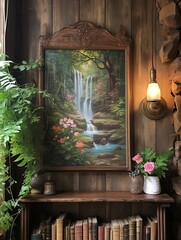 Tranquil Forest Waterfalls: Vintage Painting with Forest Frescoes and Farmhouse Flair