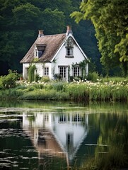 Fototapeta na wymiar Tranquil Waterside Vistas: Farmhouse Reflection on Calm Waters