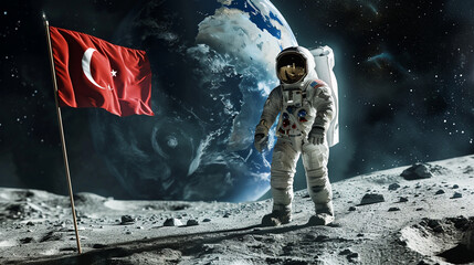 An image of a Turkish astronaut standing on the moon's surface, planting the Turkish flag with the Earth and stars in the background. Generative AI - obrazy, fototapety, plakaty