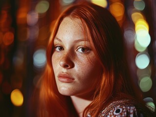 Fototapeta premium Photorealistic Teen White Woman with Red Straight Hair vintage Illustration. Portrait of a person in 1970s era aesthetics. Disco fashion. Historic photo Ai Generated Horizontal Illustration.
