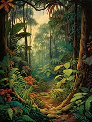Tropical Rainforest Expeditions Vintage Painting: Jungle Landscape Adventure Art
