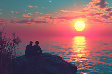 Couple Silhouetted Against a Setting Sun,Dusk Delight, Soothing Sunset .Perfect For Valentines day, Backgrounds, Cards
