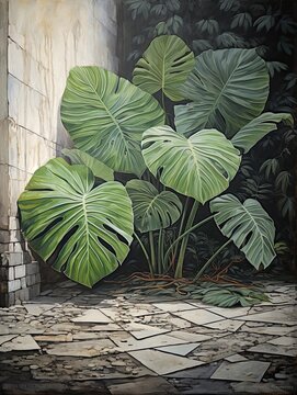 Urban Jungle Leaf Art: Vintage Painting of Pavement Palm Panoramas