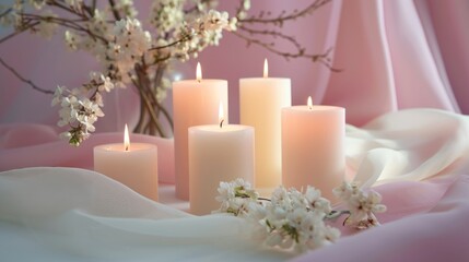 Fototapeta na wymiar a bunch of white candles sitting next to a bunch of white flowers on a pink cloth next to a vase with white flowers and a pink curtain in the background.