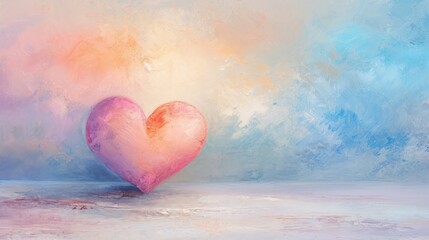  a painting of a pink heart on a blue, pink, and white background with a light blue sky in the background and a light pink cloud in the middle.