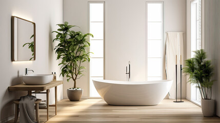 Fototapeta na wymiar Interior of modern bathroom with white bathtub
