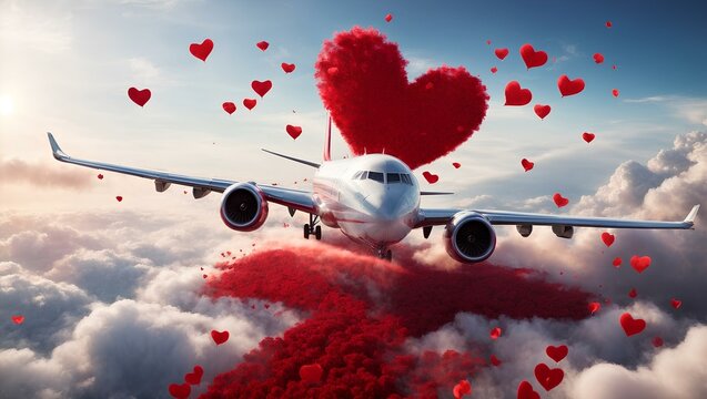 A plane flies through the sky with red hearts around it. Romantic Valentine's Day wallpapers