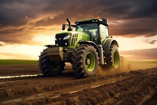 Fototapeta Heavy green tractor on the barley field in golden sky sunset view. Generate AI image