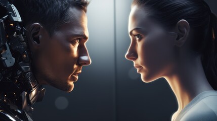 Android vs human. Artificial intelligence robot and woman look at each other. Miscommunication....