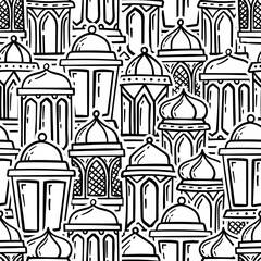Seamless pattern doodle ramadan hanging lanterns. Doodle background arabic hanging lantern.