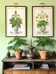 Green Plant Vintage Painting: Whimsical Botanical Wall Hangings for Unique Wall Decor
