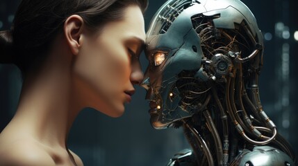 Android robot kissing a woman. Relationship between artificial cyborg and human. Closeup portrait. AI Generated