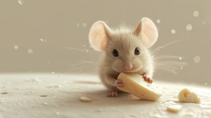 a mouse with a piece of cheese in it's mouth and it's paw on a piece of cheese in the middle of the mouse's paw.