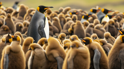 adult king penguin (aptenodytes patagonicus) standing amongst a large group. AI Generative