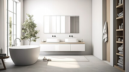 Modern minimalist bathroom interior, modern bathroom cabinet, white sink, wooden vanity, interior plants, bathroom accessories, bathtub and shower, white and blue walls, concrete floor.