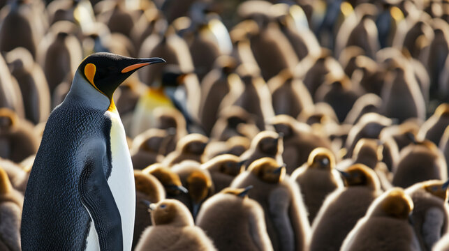 adult king penguin (aptenodytes patagonicus) standing amongst a large group. AI Generative