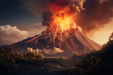 Fototapeta premium Volcano eruption. Lava running down the mountain. Smoke and fire. AI Generated 