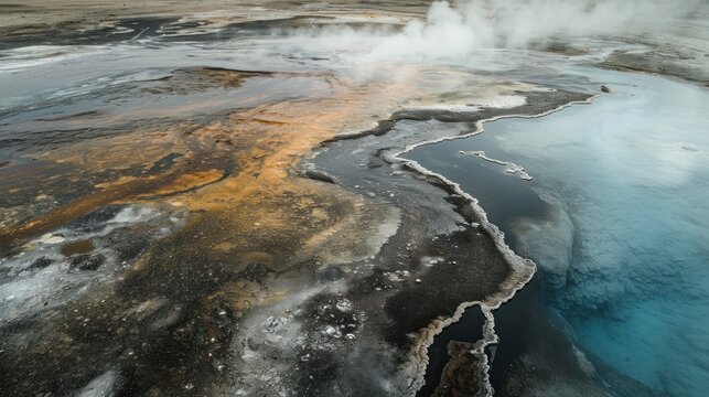  an aerial view of a body of water with steam coming out of the water and steam coming out of the water and steam coming out of the water from the water.