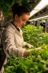 Green Care: Lady Tending to Hydroponic Leafy Greens