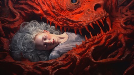 Beautiful young woman sleeping and dreaming. Scary dreams of a red monster in hell. AI Generated