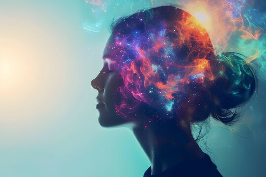 A silhouette of a woman's profile filled with a cosmic galaxy