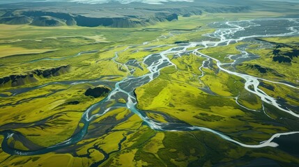  an aerial view of a river running through a lush green valley in the middle of a mountain range with a river running through the center of the valley in the center of the picture.