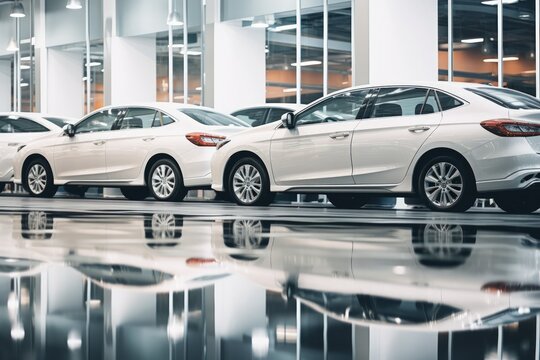 Rear view New white cars parked for sale and rent in modern showroom. Generate AI image