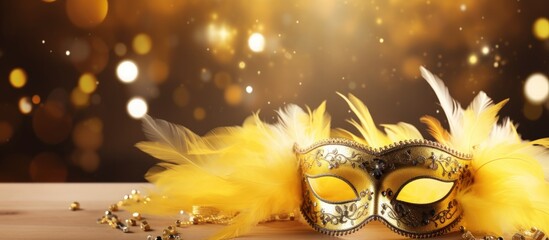 Luxury carnival mask with yellow feathers on gold blurred background. AI generated image - obrazy, fototapety, plakaty
