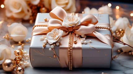 Fototapeta na wymiar Gift box with bow and sparkling rhinestones. Card for Christmas or birthday.
