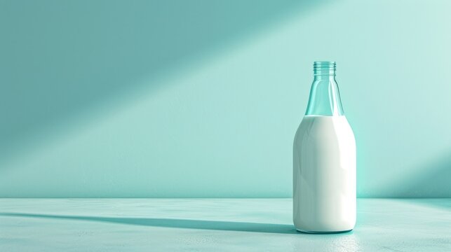  a bottle of milk sitting on a table with a shadow on the wall and a light blue wall behind it and a shadow on the wall behind the bottle of the bottle.
