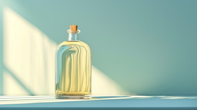  a bottle of oil sitting on top of a table next to a shadow of a light coming from a window on the wall behind the bottle is a blue wall.