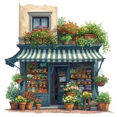 Fototapeta na wymiar Vintage flower shop front in town draw line art illustration