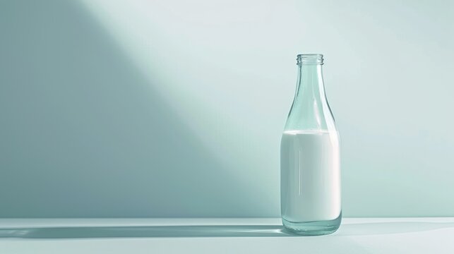  a glass bottle filled with milk sitting on top of a table next to a shadow of a person's head on a wall behind a glass bottle of milk.