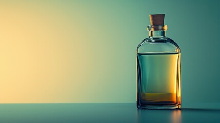  a bottle of oil sitting on a table next to a bottle with a wooden stopper on the top of it and a blue and yellow background behind the bottle. - obrazy, fototapety, plakaty