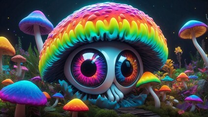 mushroom creatures illusion,  in a rainbow fairy jungle  multicolored, mystical, hallucinogen - obrazy, fototapety, plakaty