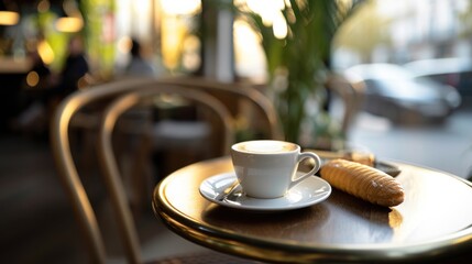  a cup of coffee and two croissants sit on a table in a cafe with a view of the street and parked cars in front of the building.