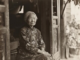 Photorealistic Old Chinese Woman with Blond Straight Hair vintage Illustration. Portrait of a person in 1920s era aesthetics. Historic photo style Ai Generated Horizontal Illustration.