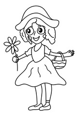 Kids coloring book page with Red hood character in outline style