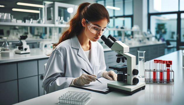 Woman working in a well-lit medical laboratory