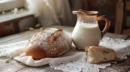  a loaf of bread sitting on top of a table next to a jug of milk and a loaf of bread on top of a doily cloth on a table. - obrazy, fototapety, plakaty