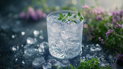  a close up of a glass with ice and a plant in the middle of the glass, surrounded by ice cubes, flowers, and water droplets, on a dark surface.